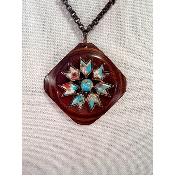 Copper Chain Turquoise Arrow Wooden Pendant Necklace Fashion Jewelry Collection - Picture 2 of 5